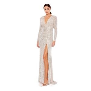 Ieena for Mac Duggal NEW 26490 Silver Sequined EveningGown Size 12 High Slit